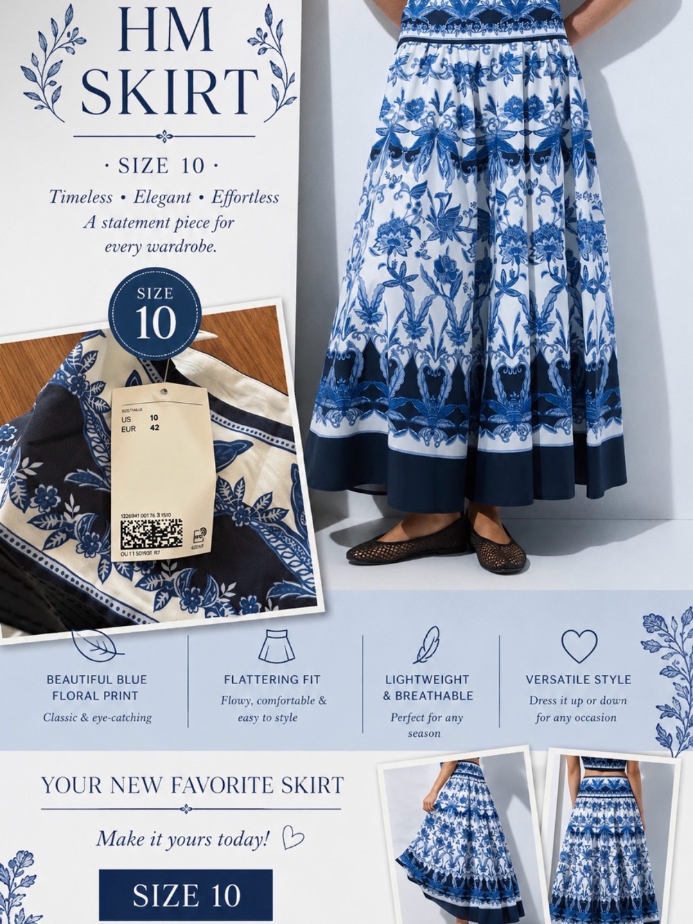 H&M White and Blue Floral Maxi Skirt